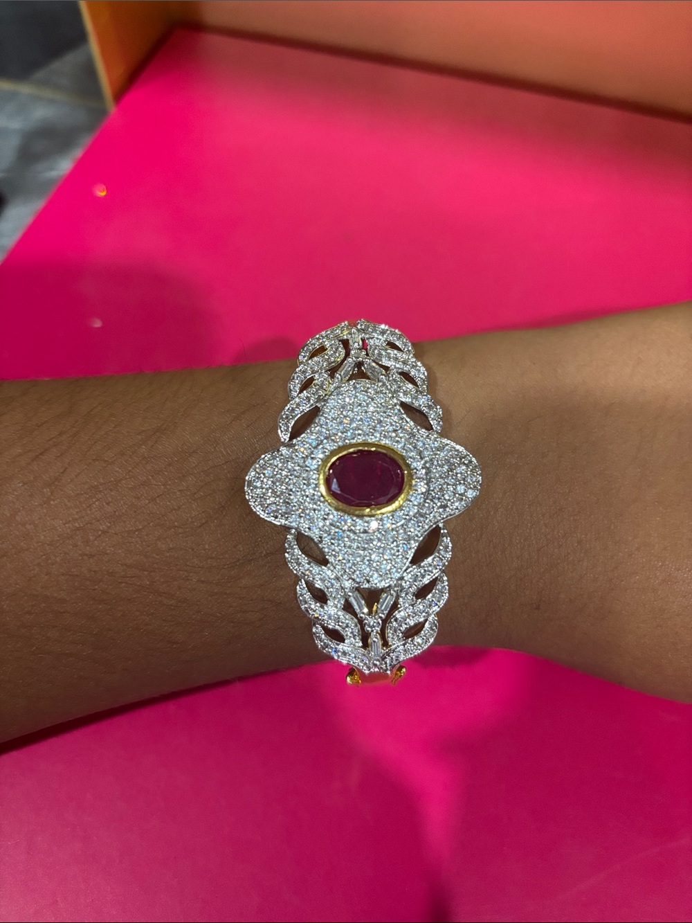 Luxury White Crystal Bracelet with Ruby Center - Women Jewelry